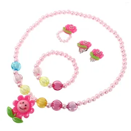 Necklace Earrings Set 4pcs Plastic Sunflower Bracelet Ring Earring Stylish Kids Jewellery