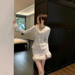 Work Dresses Fashion White Cardigan Women's Spring Autumn 2024 Spicy Girl Beautiful Tops Sexy Slim Mini Skirt Sets For Women 2 Pieces