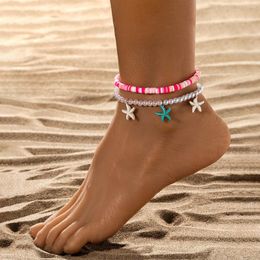 Anklets 2-piece Set Of Bohemian Style Pink Soft Clay Pearl Starfish Tassels Multiple Layered Women's