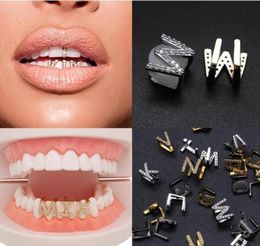 Gold White Gold Iced Out AZ Custom Letter Grillz Full Diamond Teeth DIY Fang Grills Cosplay Tooth Cap Hip Hop Dental Mouth Teet3254787