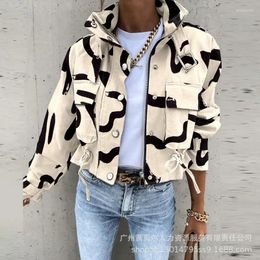 Women's Jackets Abstract Print Long Sleeve Zip Up Biker Jacket Autumn 2024 Women Drawstring Pocket Button Coats Loose Short Work