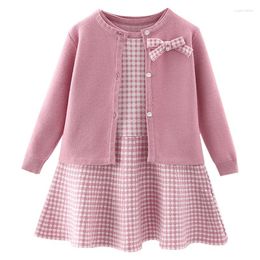 Girl Dresses Autumn Children's Baby Sweater Knitting Long Sleeve Dress Christmas Day Party Girl's Plaid Coat Vest Suit