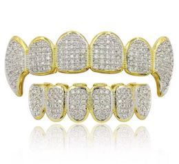 Top Quality 18K Gold Silver Colour Hip Hop Rapper Grillz Luxury Glaring Zircon Diamond Teeth Top and Bottom Grills for Men Women5481240