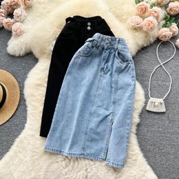 Skirts Spring Summer Y2k Harajuku Streetwear Denim Skirt Women Fashion High Waist Midi Slit Korean Style Vintage Jeans