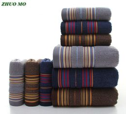 ZHUO MO 3Pieces Thicker Stripe Pattern Soft Cotton Towel Set Bathroom Super Absorbent Bath Towel blue Grey brown Face Towels T2001439771