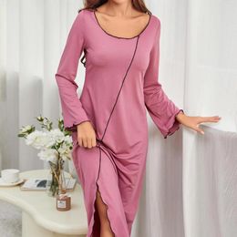 Women's Sleepwear Sexy Patchwork Split Nightdress Women Homedress Loungewear Pink Long Sleeve Nightgown Summer Nightwear Loose Homewear