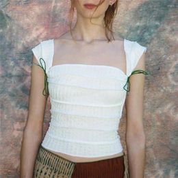 Women's Tanks Woman Elegant Folds Bow Crop Top Cute Square Collar Short Sleeve T Shirt Retro French Tee Women Chic Tank Tops