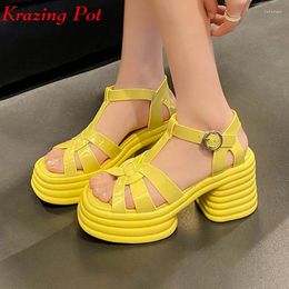 Sandals Krazing Pot Cow Leather Platform Peep Toe European Summer Waterproof Dating Buckle Straps Super Thick High Heels Women