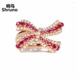 Cluster Rings Shruno Solid 14K Rose Gold Bowknot Natural Diamonds Ring Customized Real Ruby For Women Gemstone Unique Fashionable Jewelry