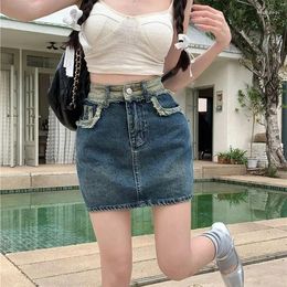 Skirts Korean Style A-line Girl Stitched Retro Denim Skirt Women's Versatile High Waist