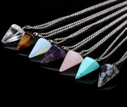 Natural Gemstone Pendant Necklace Party Supplies Crystal Healing Chakra Reiki Silver Stone Hexagonal Prisme Cone Pendulum Charm Ne8824732