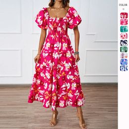 Hot selling Summer New Style Style One Line Collar Printed Puffy Skirt with Bubble Sleeves for Women's Dress