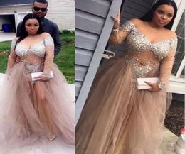 Champagne Crystal Beaded Long Sleeve Evening Formal Dresses Sheer Neck Plus Size Off Shoulder Full length Occasion Prom Gowns2522894