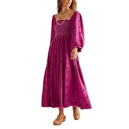 Casual Dresses Bohemian Bodycon Lantern Sleeve Square Neck Tiered Flowy Dress Summer Beachwear Women Flower Embroidered Long