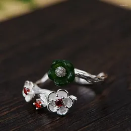 Cluster Rings FNJ 925 Silver Natural Jade Ring Original Pure S925 Sterling For Women Jewellery Open Adjustable Flower Red Zircon