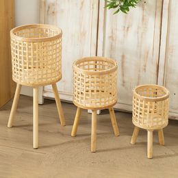 Nordic Pastoral Handmade Braid Rattan Bamboo Flower Pot with Stand Plant Storage Stand DIY Nursery Pots Home Decor 240430