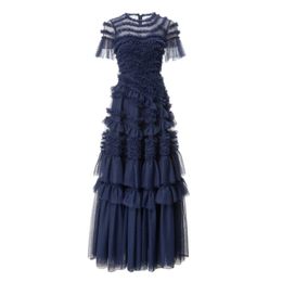 Summer Blue Solid Color Panelled Dress Short Sleeve Round Neck Tulle Midi Casual Dresses A4A291535