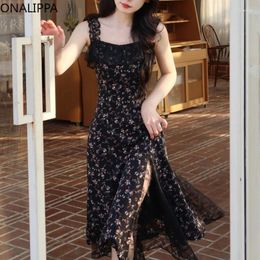 Casual Dresses Onalippa Black Lace Floral Dress For Women Wood Ear Hem Sexy Square Collar Patchwork French Style Big Vestidos