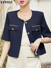 Women's Suits VONDA 2024 Fashion Women Blazer Short Sleeve Tunic Tops Elegant Office Shirts Solid Colour Buttons Casual Loose Coats Oversized