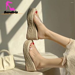 Dress Shoes Rope Sole Chunky Wedge Slippers For Women Summer 2024 Fashion Ladies Strap Straw Comfy Walking Sandal Plus Size