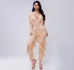 Women039s Jumpsuits Rompers Autumn Fringes Womens Jumpsuit Tassels Sexy V Neck Long Sleeve Chic Outfits Fashion Low Cut Overa9750952