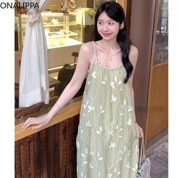Casual Dresses Onalippa Small Fresh Summer Dress Embroidery Tweed Sleeveless Straight Loose Maxi Korean Sweet Chic Design Vestidos