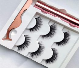 Cílios falsos com delineador e pinça 3 pares 5 cílios falsos Eyeliner líquido Conjunto de maquiagem reutilizável 3820302