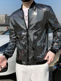 Spring Summer Mens Sun Protection Clothes Silver Sequin Thin Jackets Youth Korean Wave Male Stand Collar Slim Casual Coat 240428