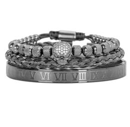 3pcsSet Handmade Men Bracelet Micro Pave CZ Skeleton Skull Roman Numeral Hemp Rope Buckle Open Stainless Steel Bangles 210910942843857557