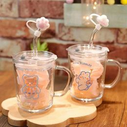 Wine Glasses High-looking Fresh And Cute Cartoon Transparent Glass Water Cup With Straw Handle For Home Use