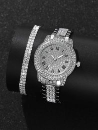 Armbanduhren 3pcs Set Silber Luxus -Strass -ES -Frauen Kristallquarz Armband Es Handgelenk Damen Kleider Handgelenk Uhr Relogio D240430