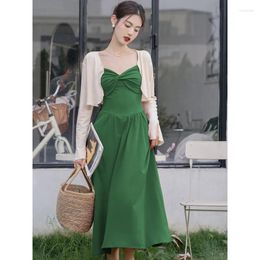 Casual Dresses 2024 French Vacation Tour Beach Dress Cardigan Two-piece Dark Green Sexy Tight Halters Long