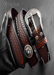 Western Cowboy Vintage Biker Tooled Turquoise Genuine Leather Belt Waistband For Men5879528
