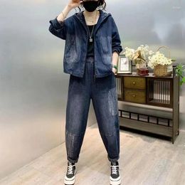 Women's Two Piece Pants Spring Autumn Hooded Denim Jacket Suit Wear Coat Fashion Set 2024 Women Casual Jeans Two-Piece Sets