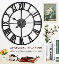 Wall Clocks 40476080cm Modern 3D Large Retro Black Iron Round Art Hollow Metal Clock Nordic Roman Numerals Home Decoration16153301