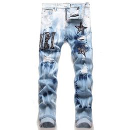 Light Blue Tie Dyed Letter Star Embroidery Broken Hole Jeans Cotton Stretch Versatile Fashion Brand Mens Skinny Denim Pants 240426