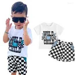 Clothing Sets FOCUSNORM 0-4Y Summer Little Boys Clothes SetsShort Sleeve Letter Print T Shirts And Checkerboard Plaid Drawstring Shorts