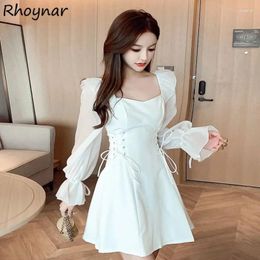 Casual Dresses Solid Women Korean Style Elegant Gentle Designed Long Sleeve Patchwork Lace-up Chiffon Summer Girls Temperaments Leisure