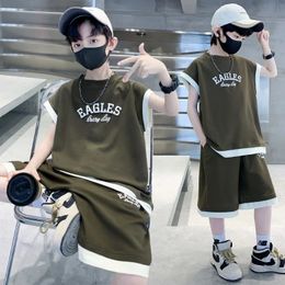 Summer Teenage Boy Cotton Clothes Set Children Sleeveless Tshirts and Shorts Suit Kid Short Sleeve Top Bottom Outfits Tracksuit 240428