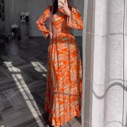 Women Dress Long Dresses Party Print Round Neck Long Sleeve Casual Loose Maxi Elegant Muslim A Line Long Vestidos Pleated 240429