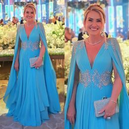 Cocktail blue Mother Of The Bride Dresses with cape v neck Wedding Guest Dress beaded appliqued waist pleats floor length Evening Gowns