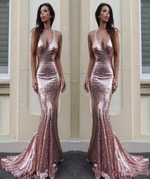 Rose Gold Mermaid Bridesmaid Dresses For Wedding Simple Sequined Sexy Halter Maid Of Honor Gowns Custom Made Cheap Long Prom Dress9656735