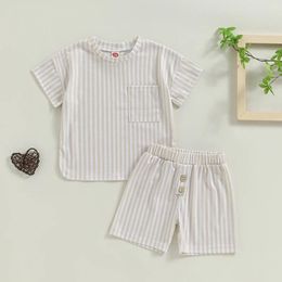 Clothing Sets Toddler Baby Boy Linen Outfit Short Sleeve Pocket T-shirt Top And Rolled Shorts Summer Clothes Set