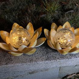LED Solar Lamp Cracked Glass Ball Lotus Light Outdoor Garden Yard Art Ornament for Patio Lawn Garden Decoration 240430