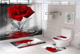 Blue Red Pink Rose Print Shower Curtain with Hooks Bathroom Mat Set Antislip Soft Bath Carpet Lover Valentines Home Decoration 26822278