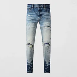 Men's Jeans Fashionable Water Washed Elastic Slim Fit Light Blue Split High Street Trendy Latest Designer Hip Hop Pant