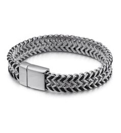 Men Jewellery Braided Leather Double Row Stainless Steel Woven Chain Width 11mm Magnet Buckle Bracelet Whole18359166166754