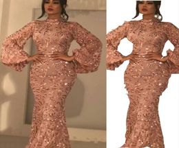 2022 Sparkly Sequined Mermaid Evening Dresses Wear Elegant High Neck Rose Gold Long Poet Sleeves Floor Length Formal Evening Gowns7254045