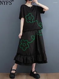 Work Dresses NYFS 2024 Summer Woman Set Fashion Loose Plus Size Flower Embroidery Short Sleeve Tops Ruffles Skirt