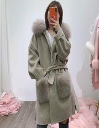 OFTBUY Real Fur Coat Winter Jacket Women Natural Fox Fur Collar Pocket Cuffs Hood Cashmere Wool Woollen Oversize Ladies Outerwear9069555